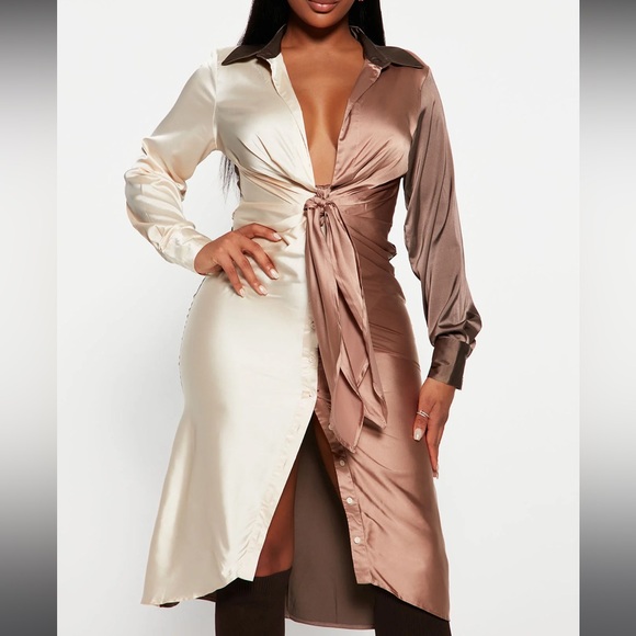 Mocha & Cream Satin Midi Dress - Long Sleeve - Size L - Picture 3 of 9